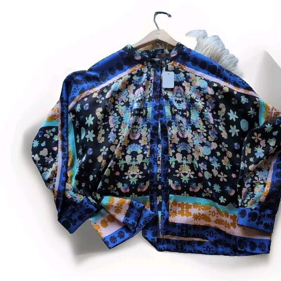 RACHEL ROY L Silky Kimono Blouse Blue & Gold Floral Button Up Collarless Top - Picture 1 of 12